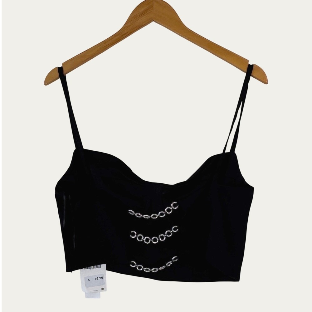 Zara Bustier Crop Top L Black Rhinestone Chain Back Corset Glam Night Out - Picture 2 of 10